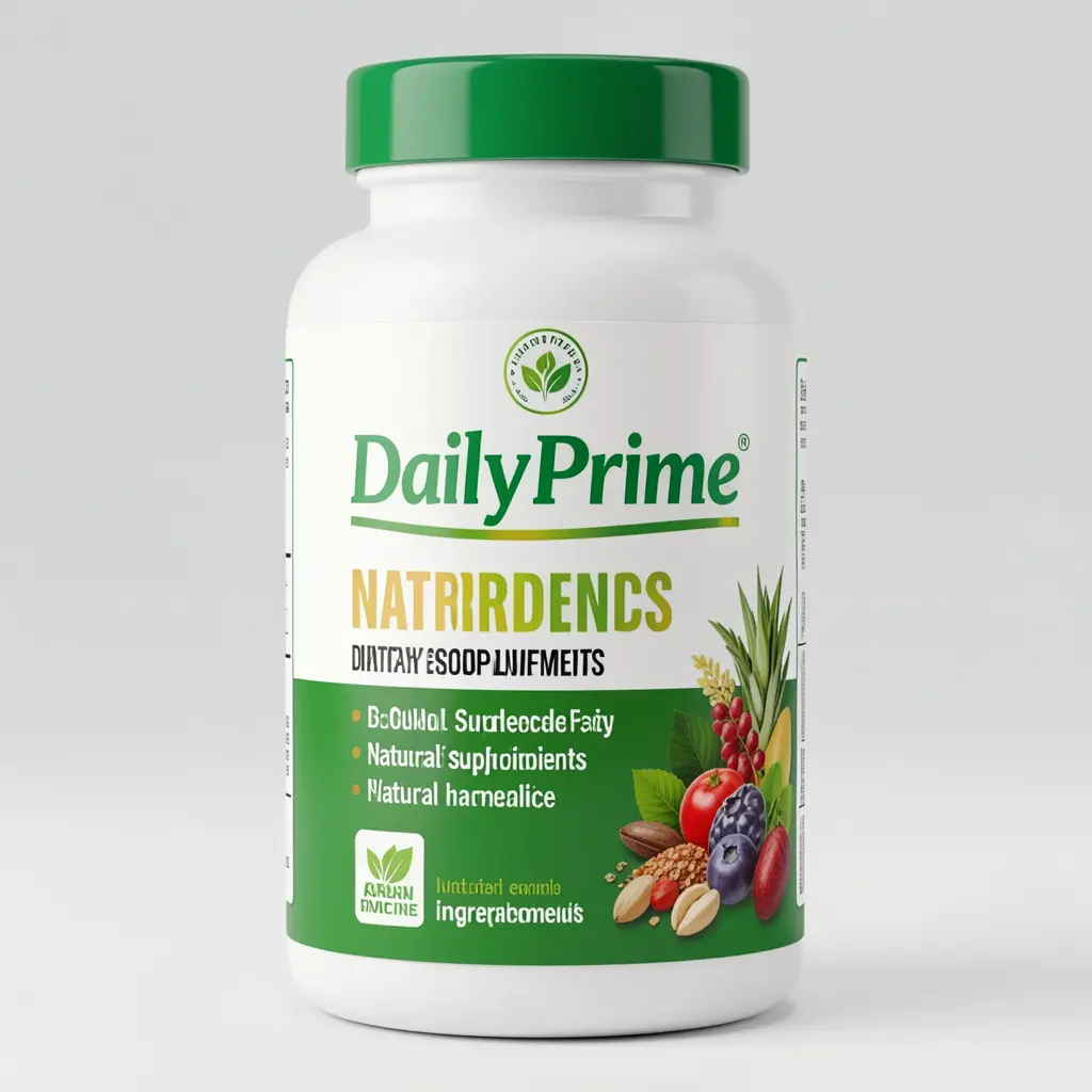 DailyPrime dietary supplement bottle with natural ingredients label